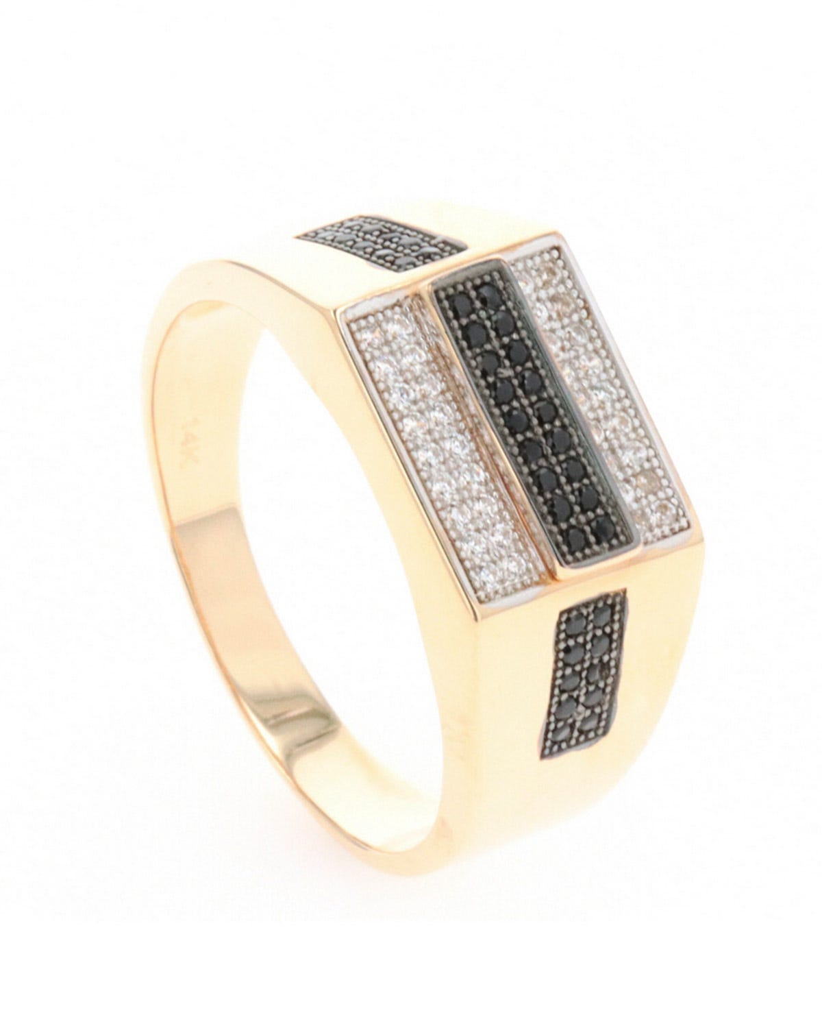 Anillo para caballero de oro amarillo y blanco 14k con zirconias blancas y negras