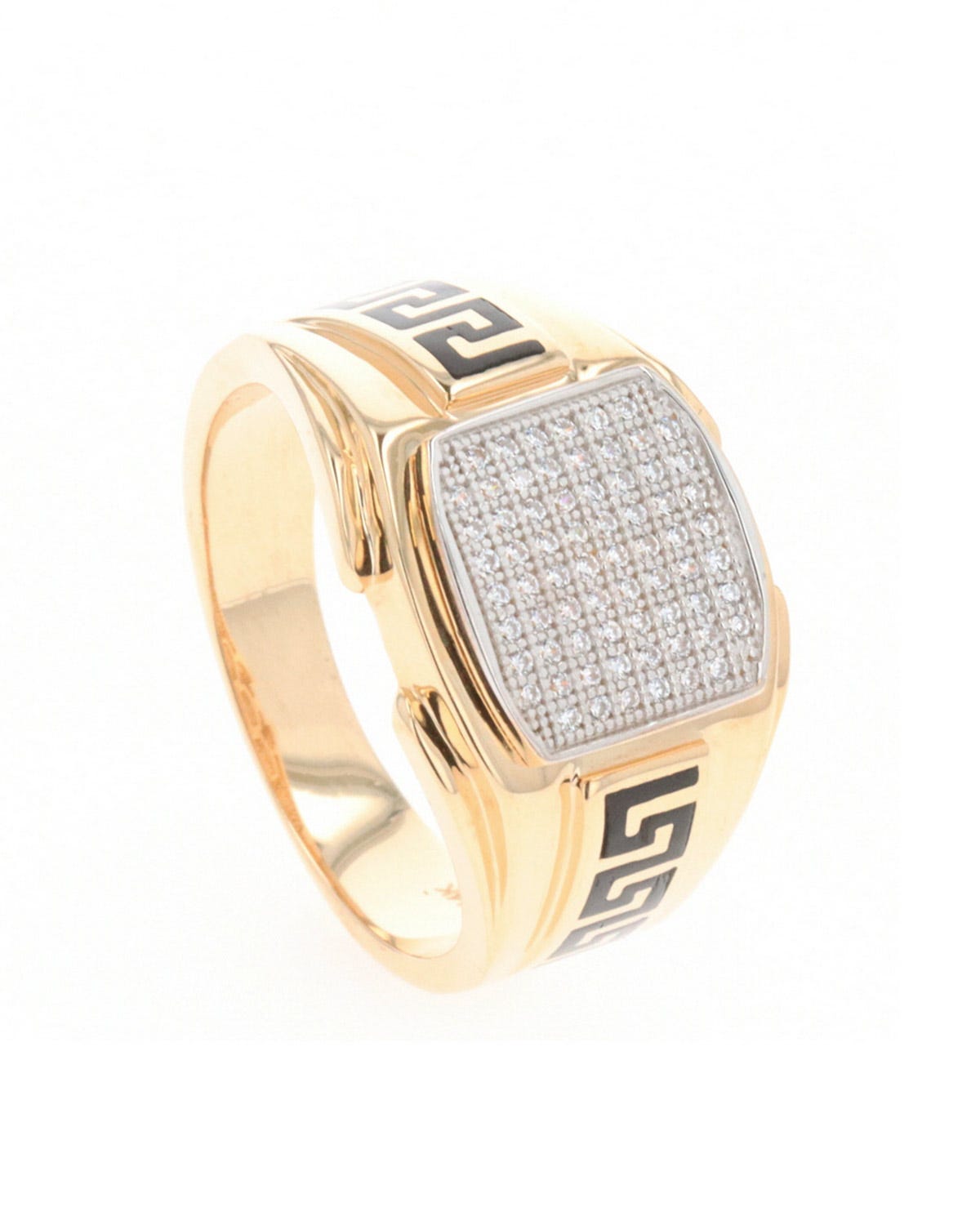 Anillo para caballero de oro amarillo y blanco 14K con zirconias esmaltadas en negro