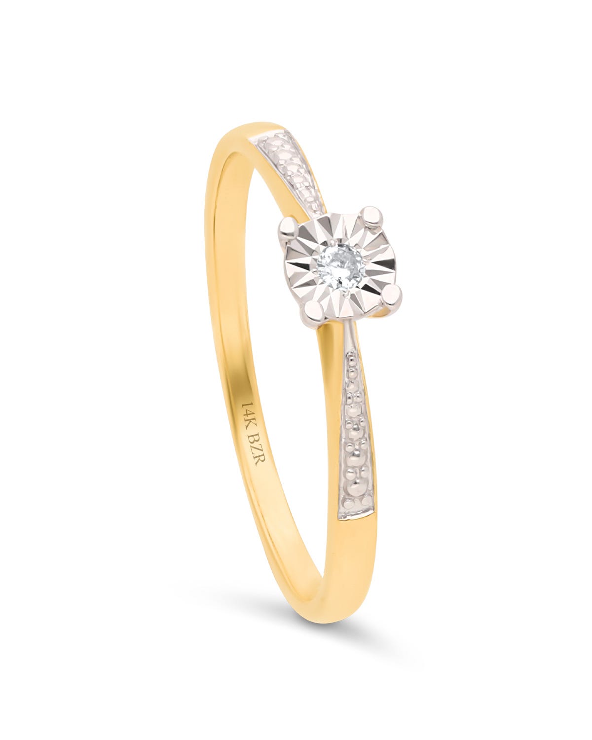 Solitario de oro amarillo con platinado 14K con 3 pts de diamante