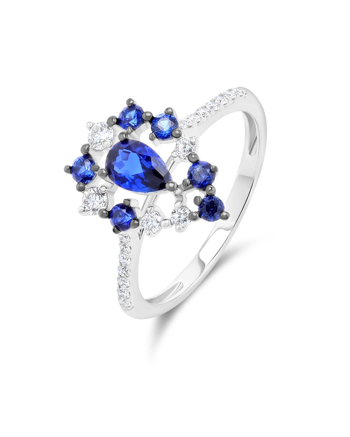 Anillo de oro blanco 14K con diamante y zafiro