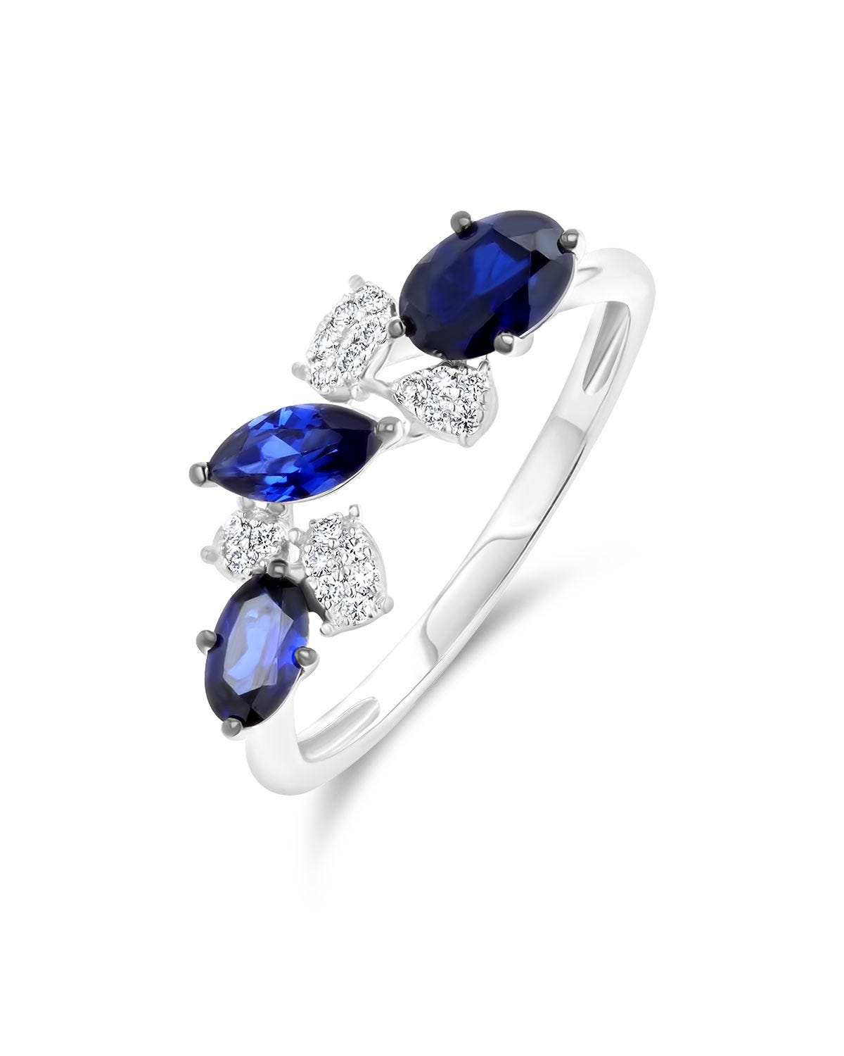 Anillo de oro blanco 14K con diamante y zafiro