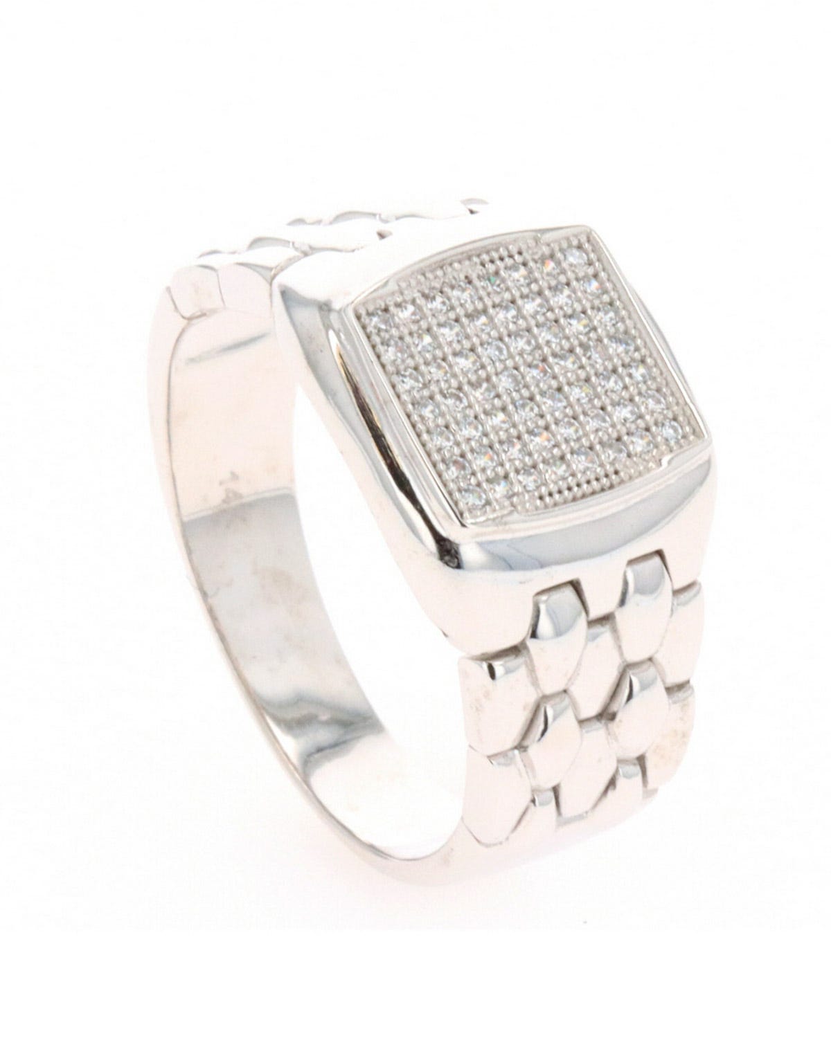 Anillo para caballero de oro blanco 14K con zirconias