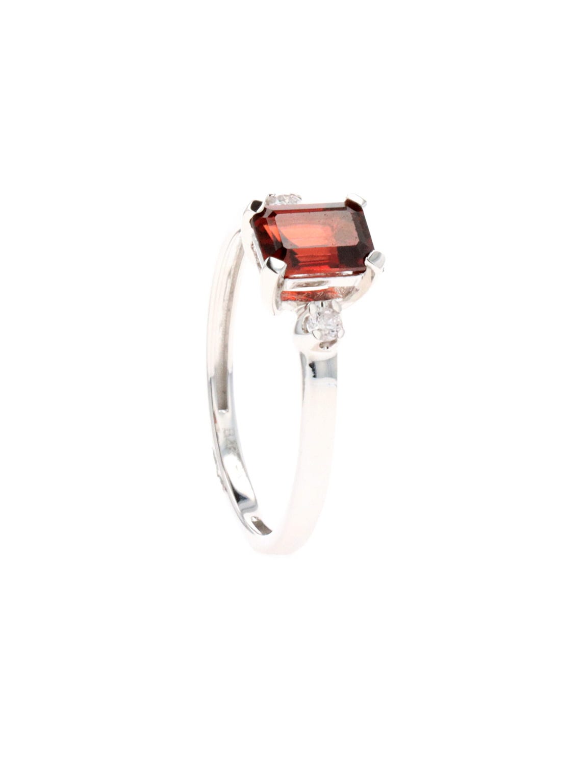 Anillo de oro blanco 14k con 8 pts de diamante y granate 