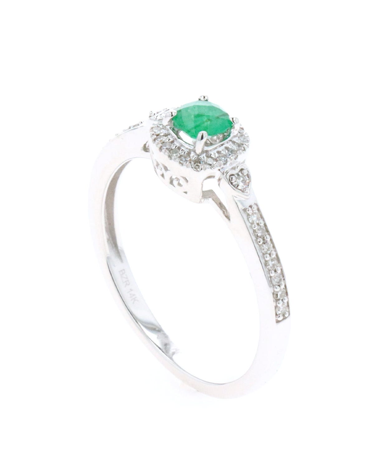 Anillo de oro blanco 14k con 15 pts de diamante y esmeralda