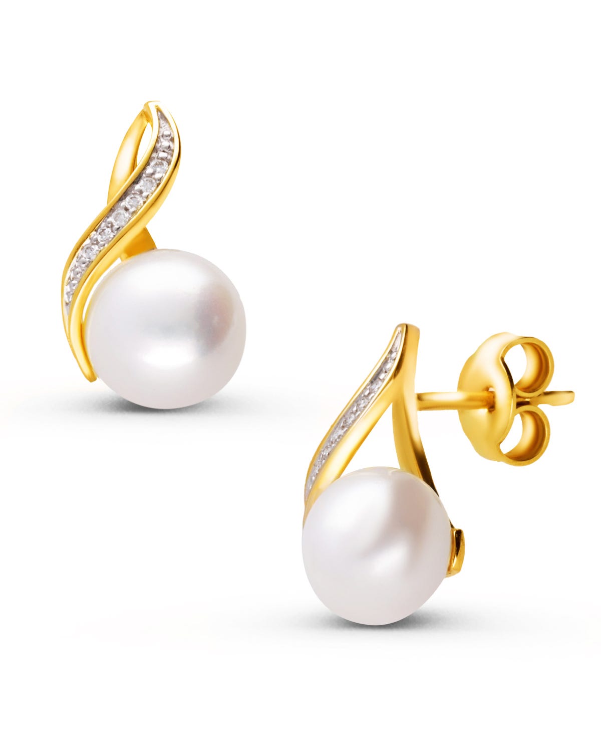 Aretes de oro amarillo 14 Kilates con 4 puntos de diamante y perlas 