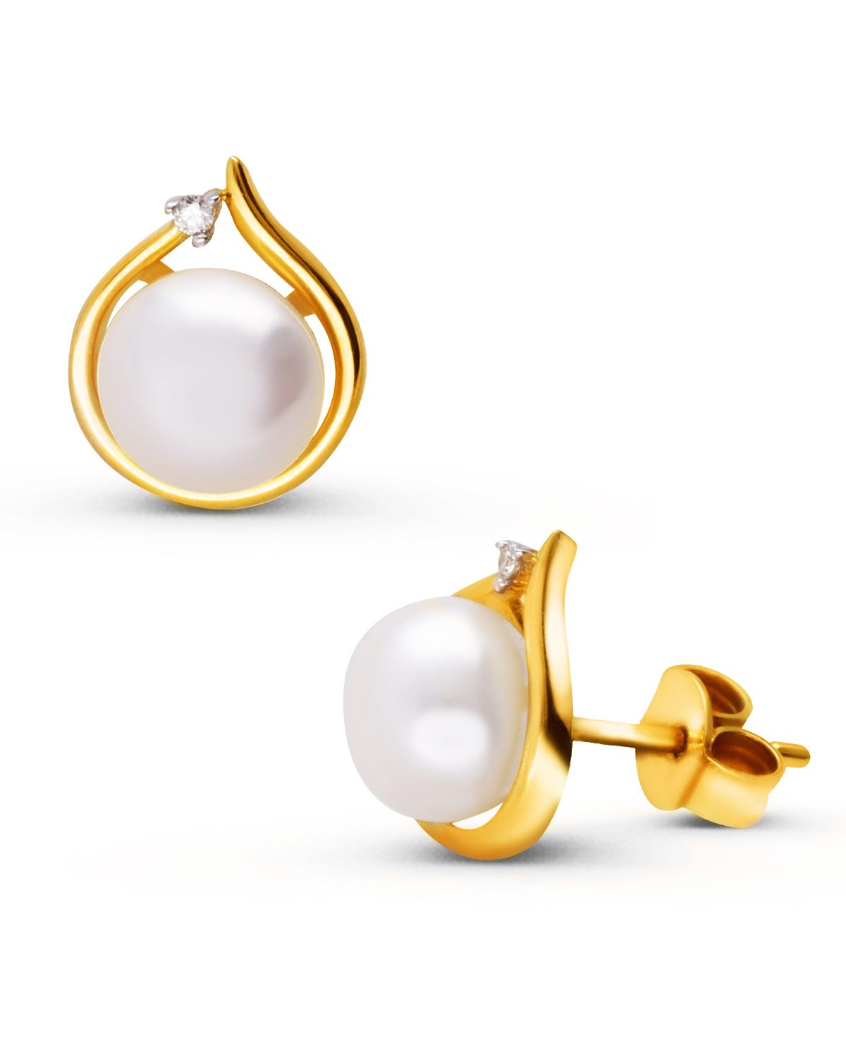 Aretes de oro amarillo 14K con dos puntos de diamante y perlas 