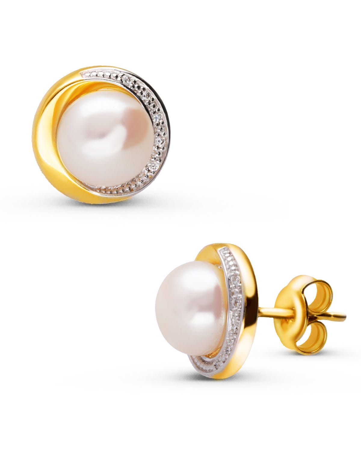 Aretes hechos de oro amarillo 14K con 4 puntos de diamante y perlas 