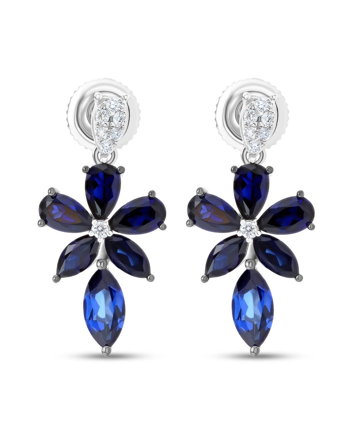 Aretes de flor en oro blanco 14K con diamante y zafiro azul