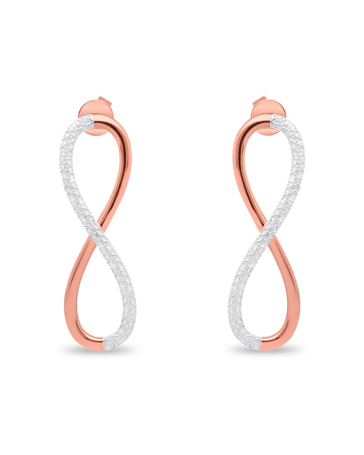 Aretes de oro rosa 14K con diseño infinito y 8 puntos de diamante