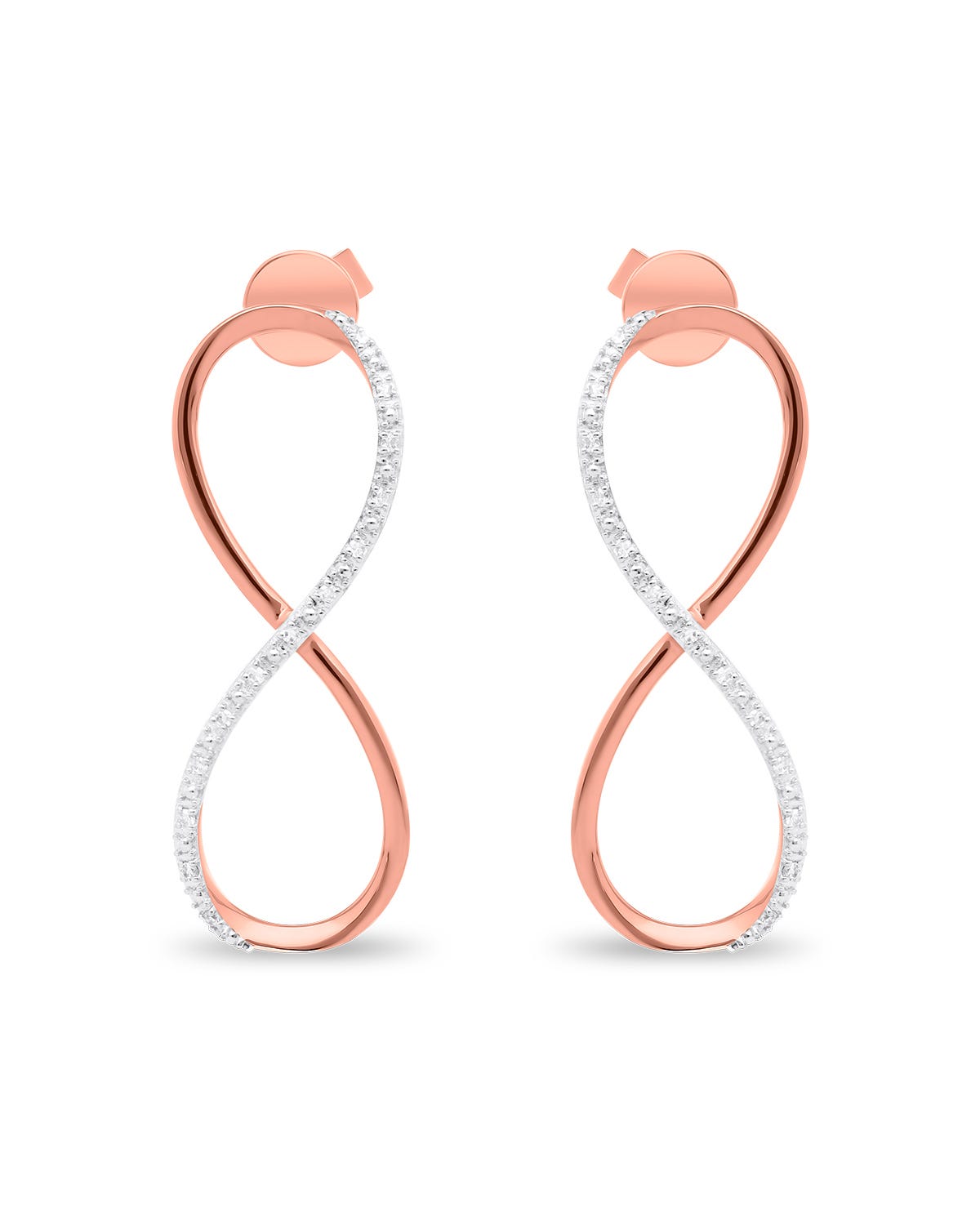 Aretes de oro rosa 14K con diseño infinito y diamantes