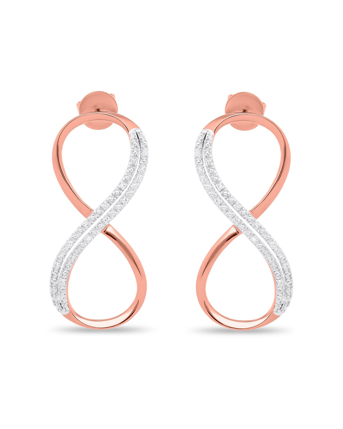 Aretes de oro rosa con diseño infinito y diamantes