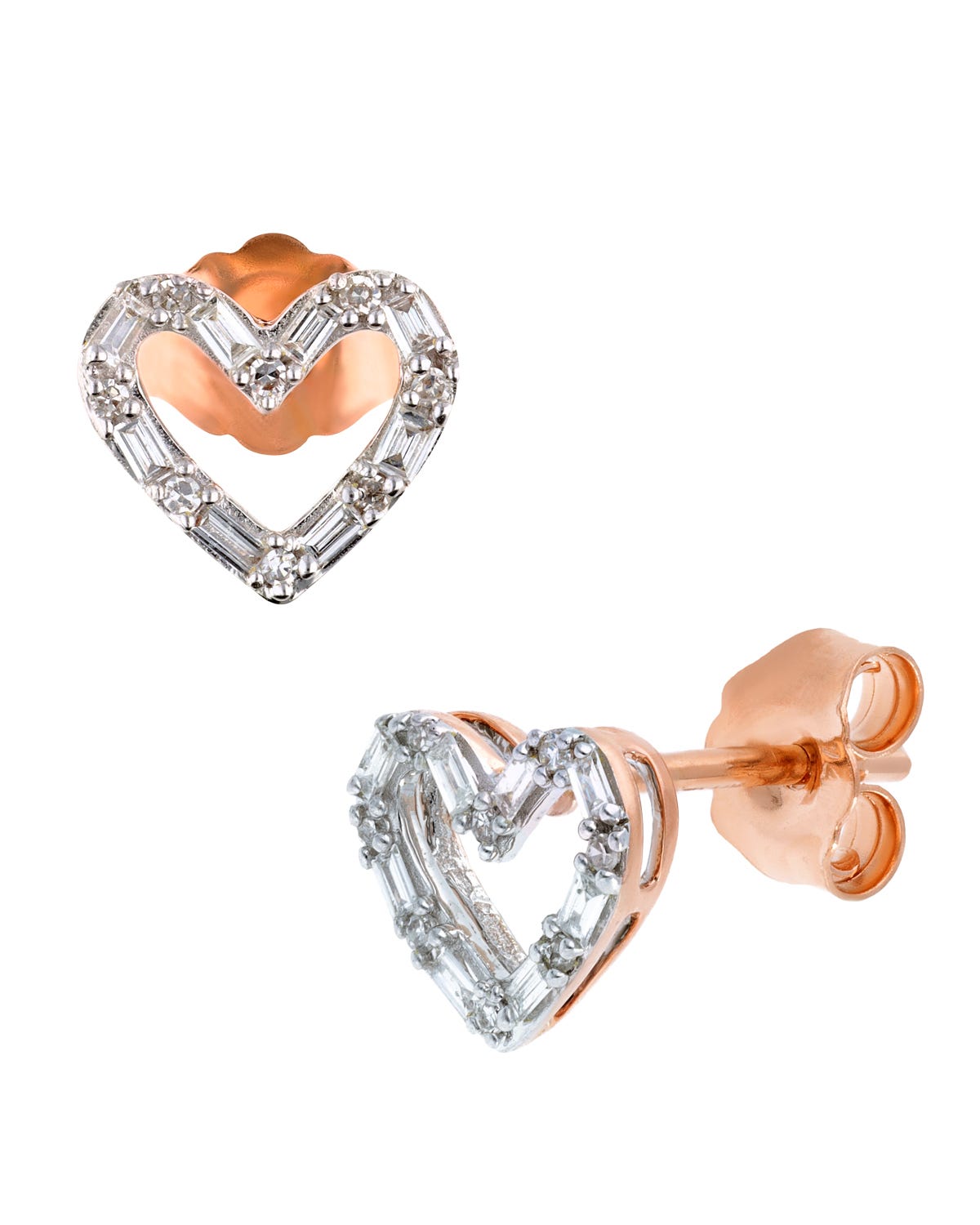 Broqueles de oro rosa 14K en forma de corazón con 14 puntos de diamante
