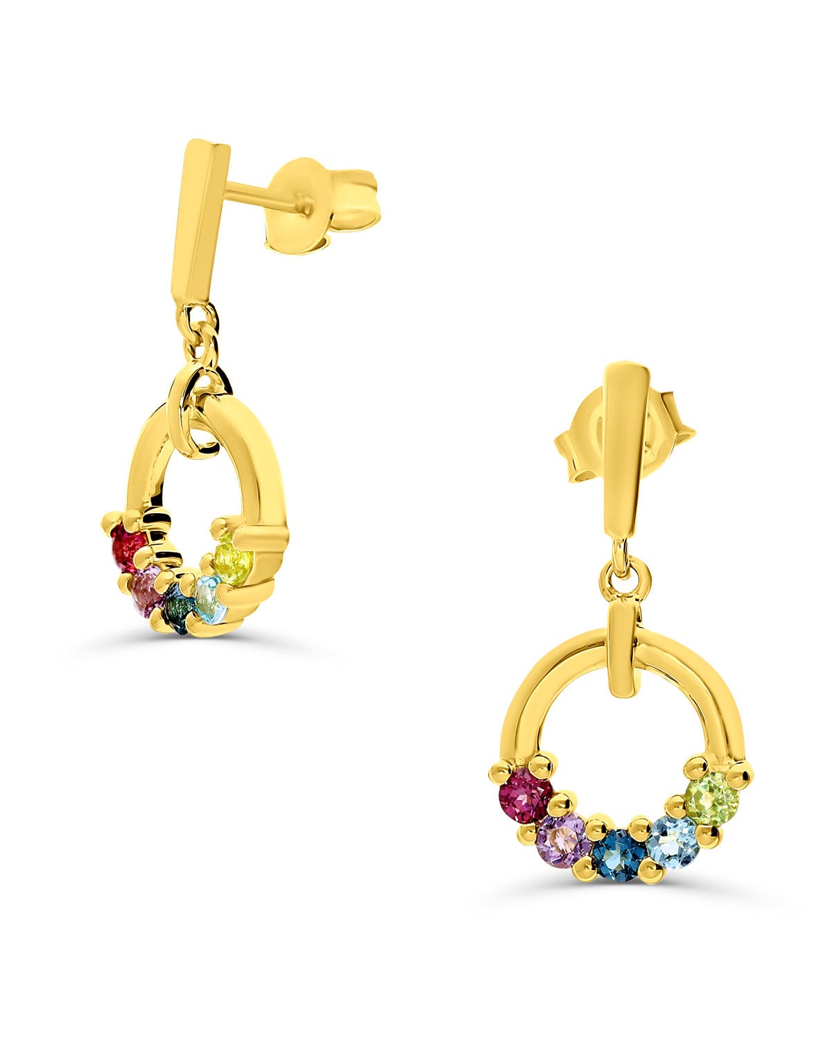 Aretes de oro amarillo 14K con cinco piedras de colores en la parte de abajo