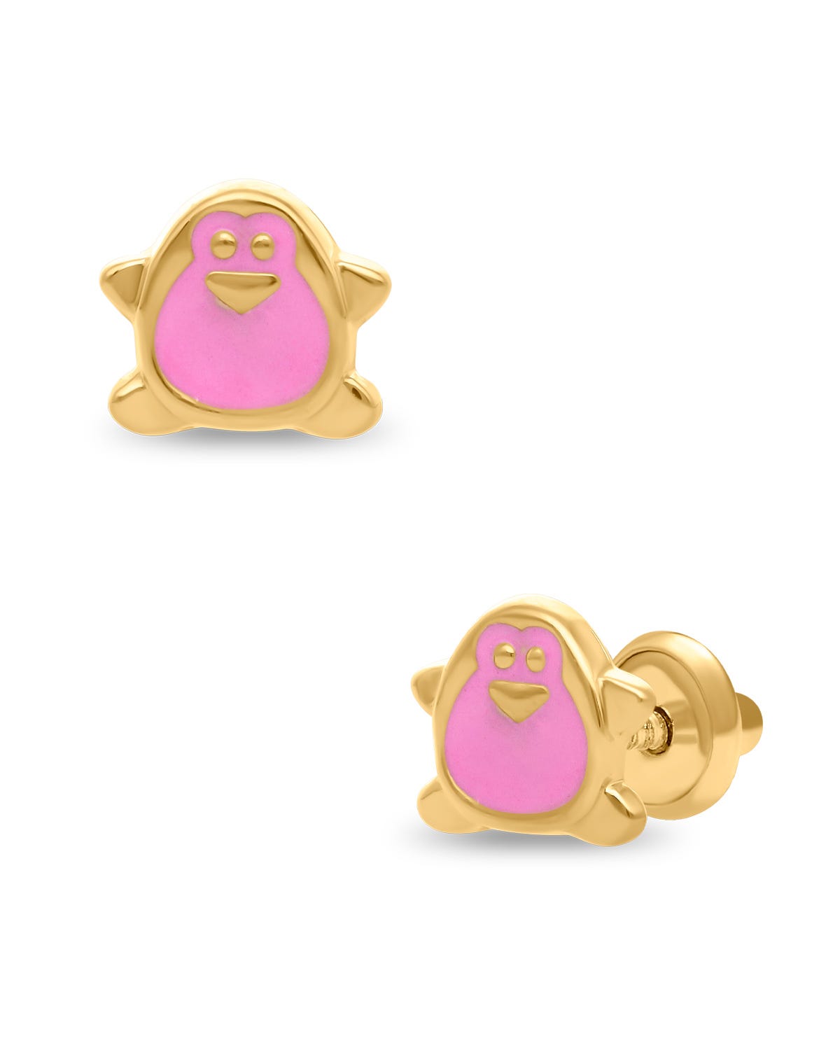 Broqueles de Pingüino en Oro Amarillo 14K con Esmalte Rosa