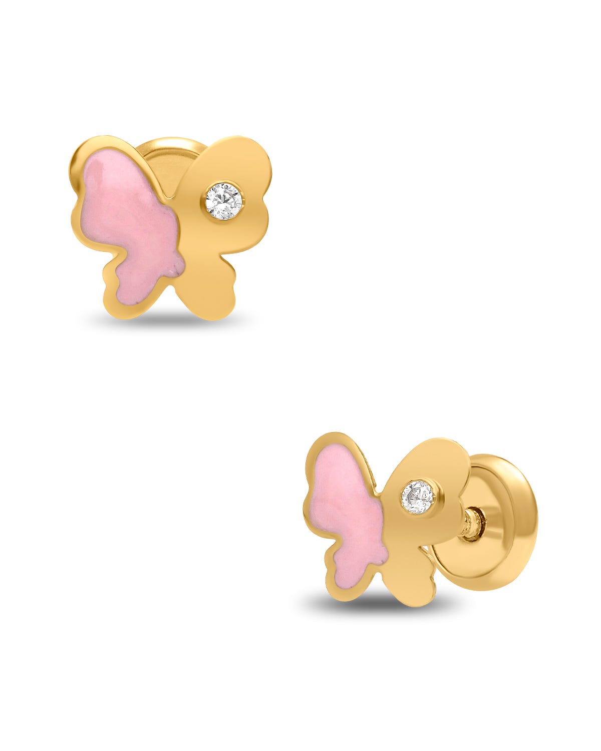 Broqueles de Mariposa en Oro Amarillo 14K con Esmalte Rosa y Zirconias