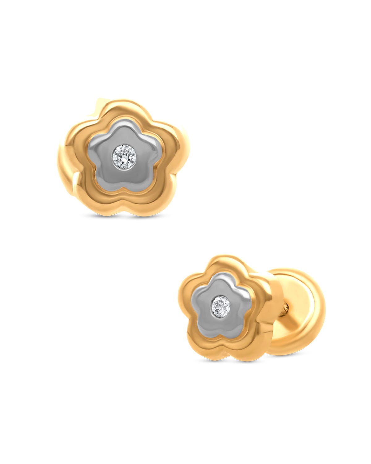 Broqueles de flor en oro amarillo y blanco 14K con 1 pt de diamante