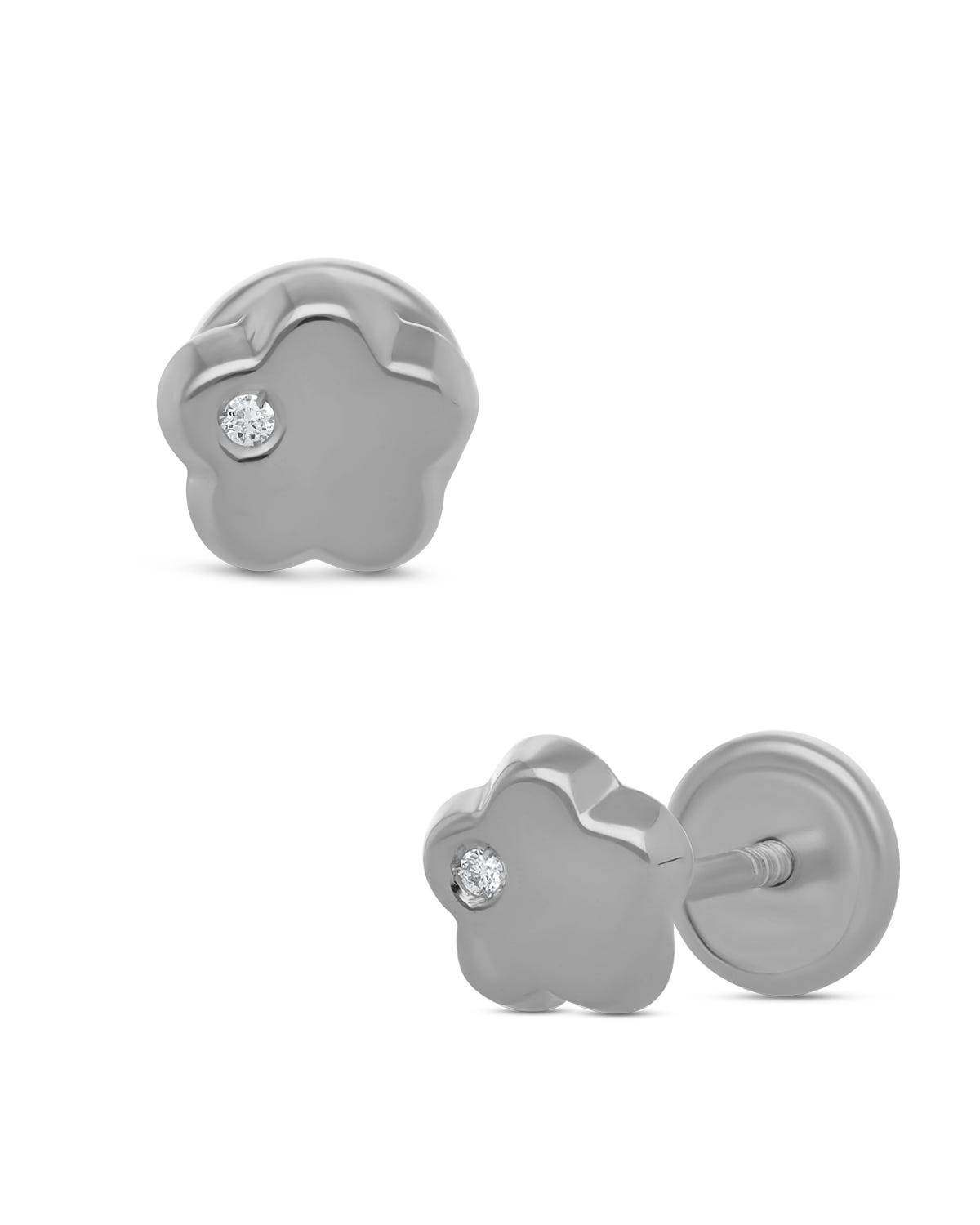 Broqueles de flor en oro blanco 14k con diamante PRB-116-A