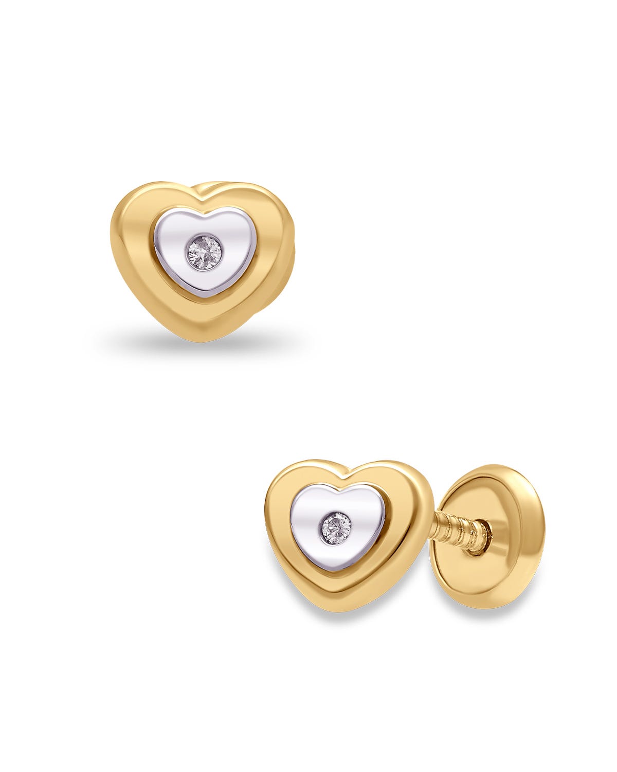 Broqueles de corazón en oro amarillo y blanco 14K con 1 pt de diamante

