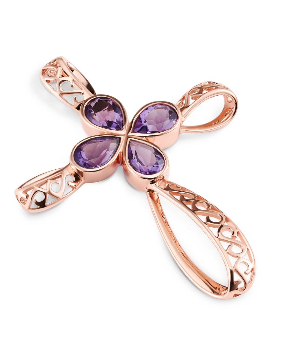Dije de oro rosa 14K con amatista, diseño sofisticado de 6.9 cm.
