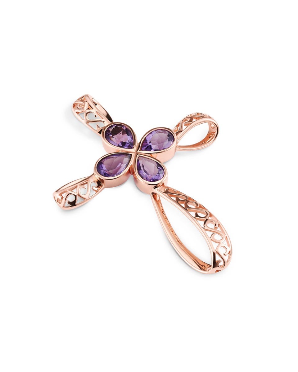 DIJE DE ORO ROSA SIN CADENA 14K CON AMATISTA (4.9 CM)
