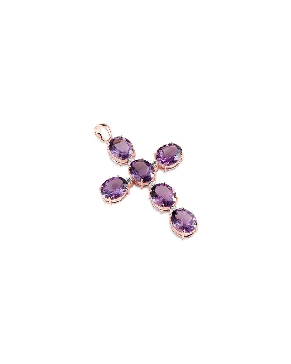 Dije de oro rosa 14K con amatista y diamantes, diseño delicado y sofisticado.

