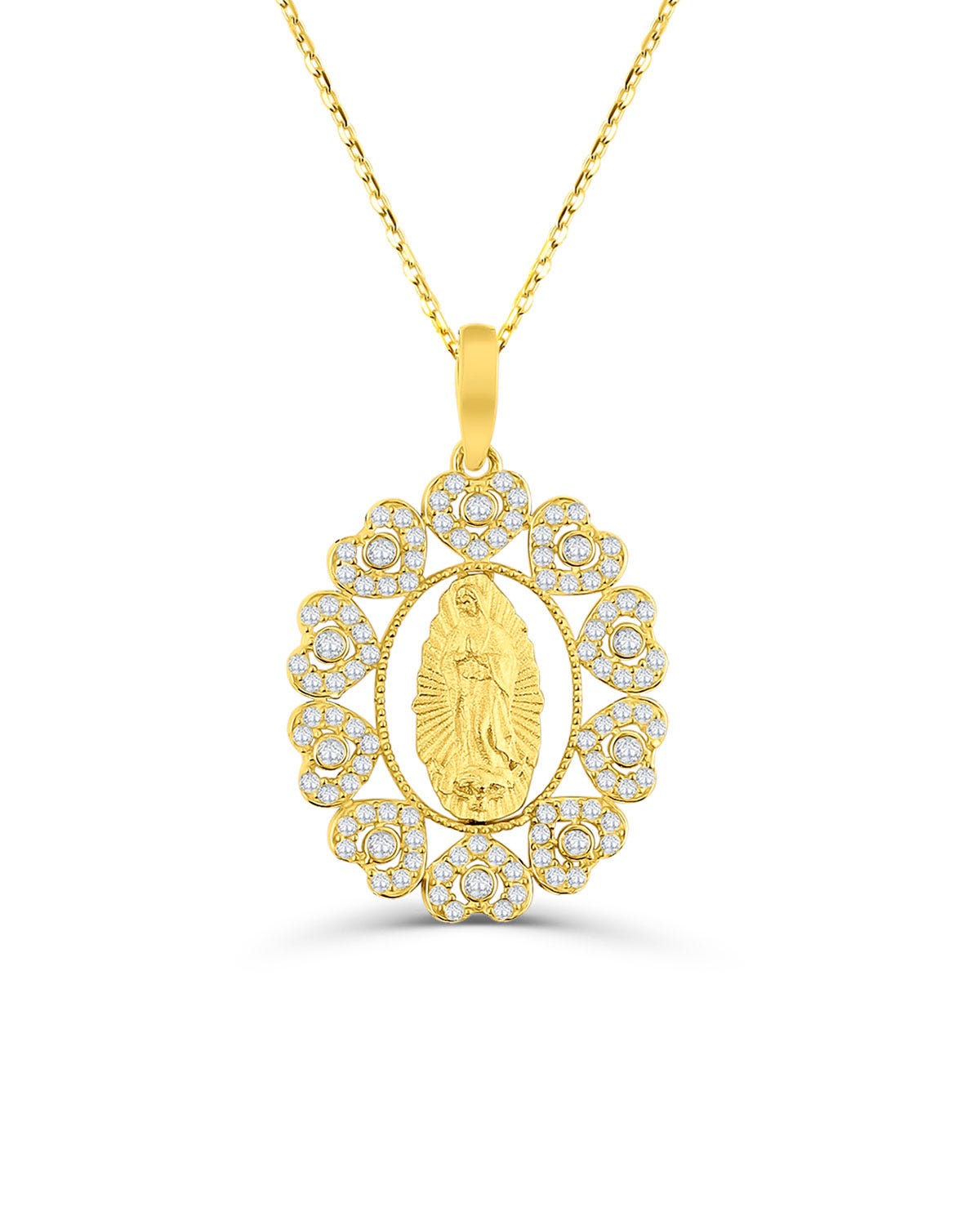 Medalla de la Virgen de Guadalupe hecha de oro amarillo 14K con corazones y zirconias 