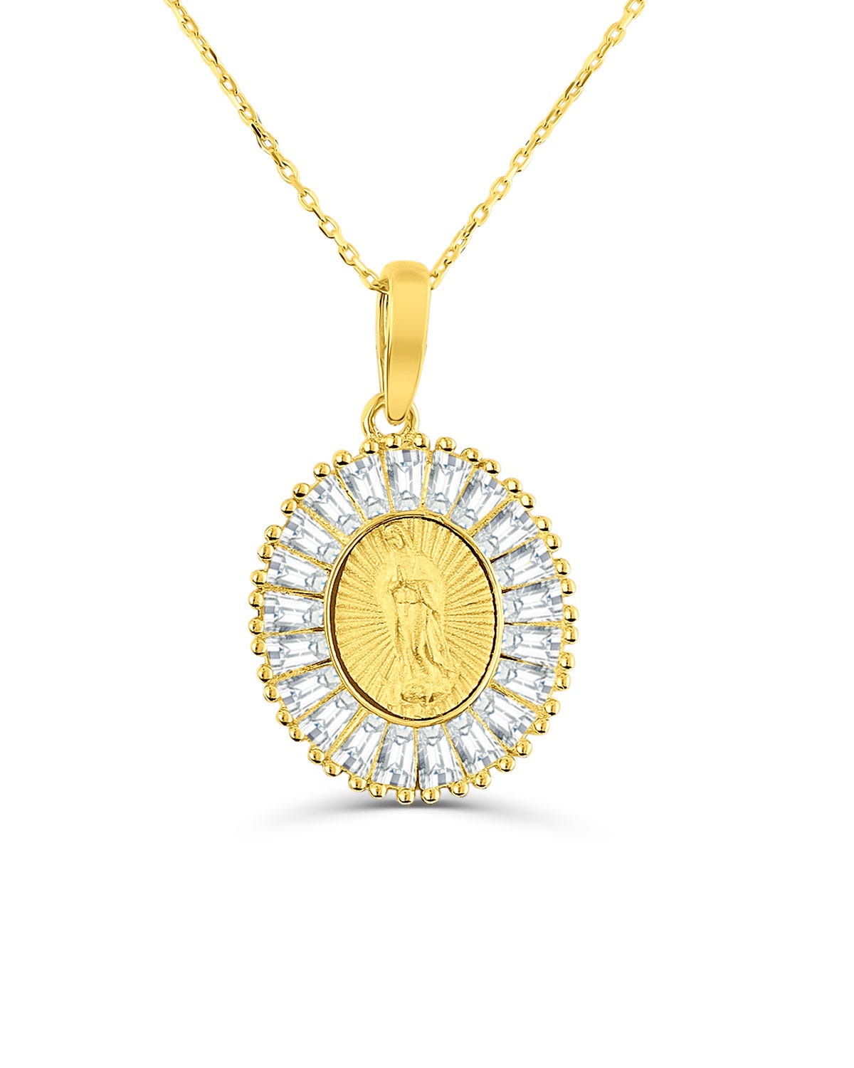 Medalla ovalada de la Virgen de Guadalupe de oro 14K  y zirconias en su circunferencia 