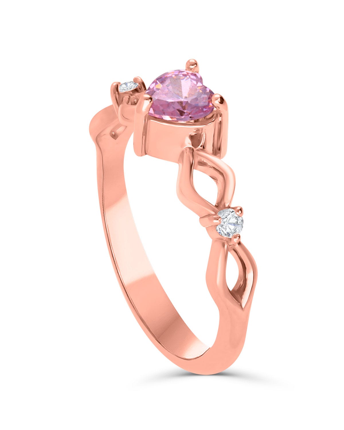 Anillo de promesa hecho de oro rosa 14 Kilates con una zirconia de corazón rosa y dos zirconias blancas