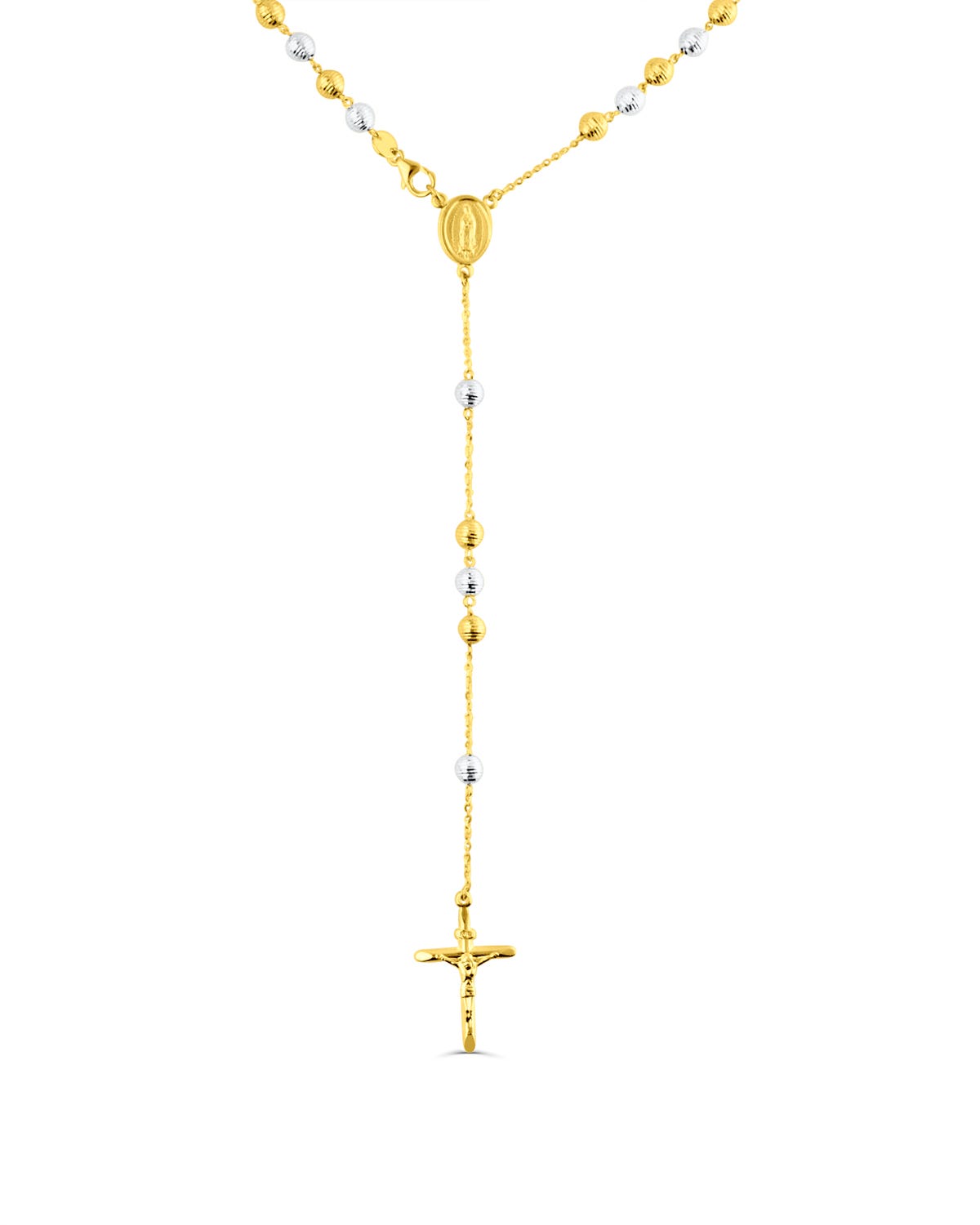 Rosario fabricado en oro amarillo 14K con esferas de oro blanco e imagen de la Virgen de Guadalupe 