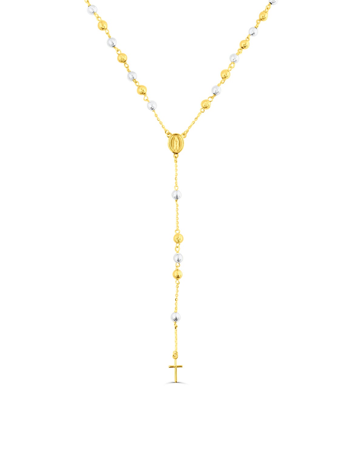 Rosario de oro amarillo 14K con esferas de oro blanco y la imagen de la Virgen de Guadalupe 