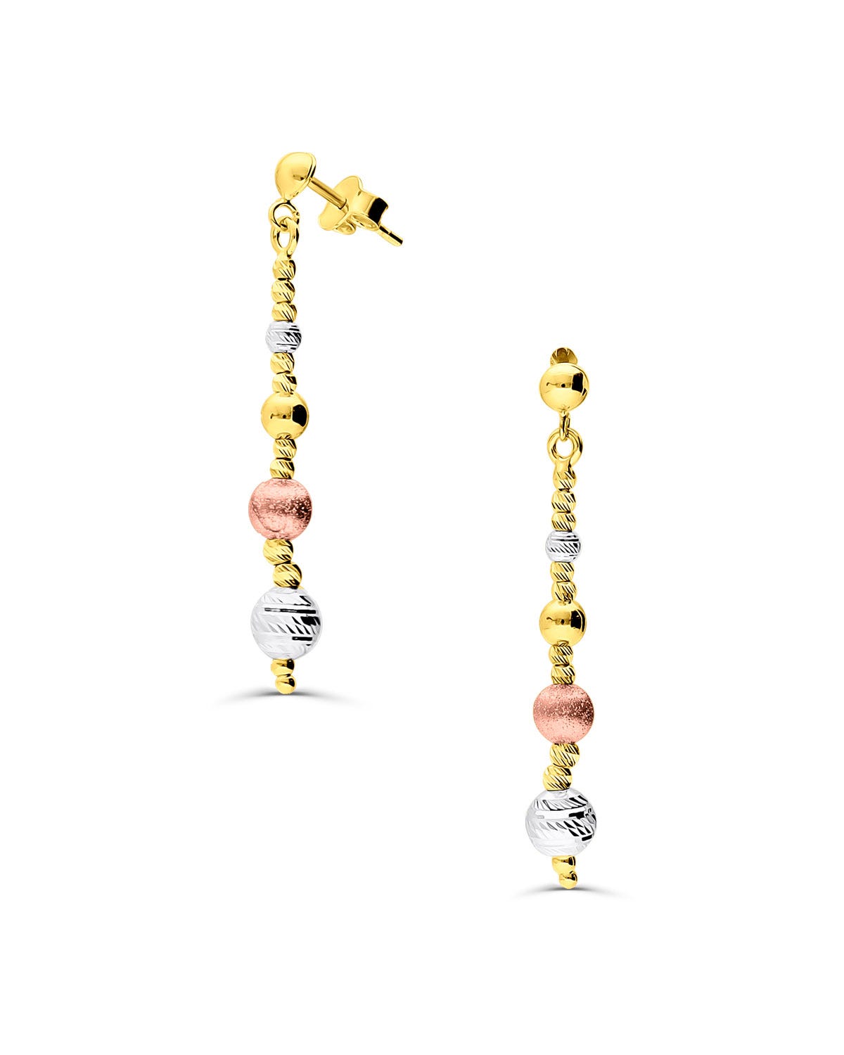 Aretes de oro amarillo con esferas multicolor apiladas