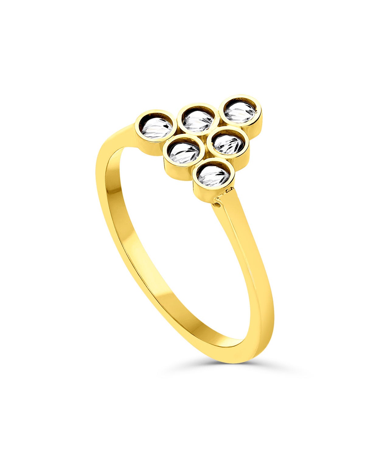 Anillo de oro amarillo con circulos en piramide con detalles en oro blanco