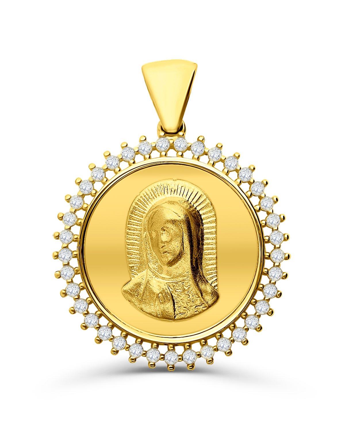 Medalla del rostro de la Virgen de Guadalupe hecha de oro amarillo con zirconias a su alrededor 