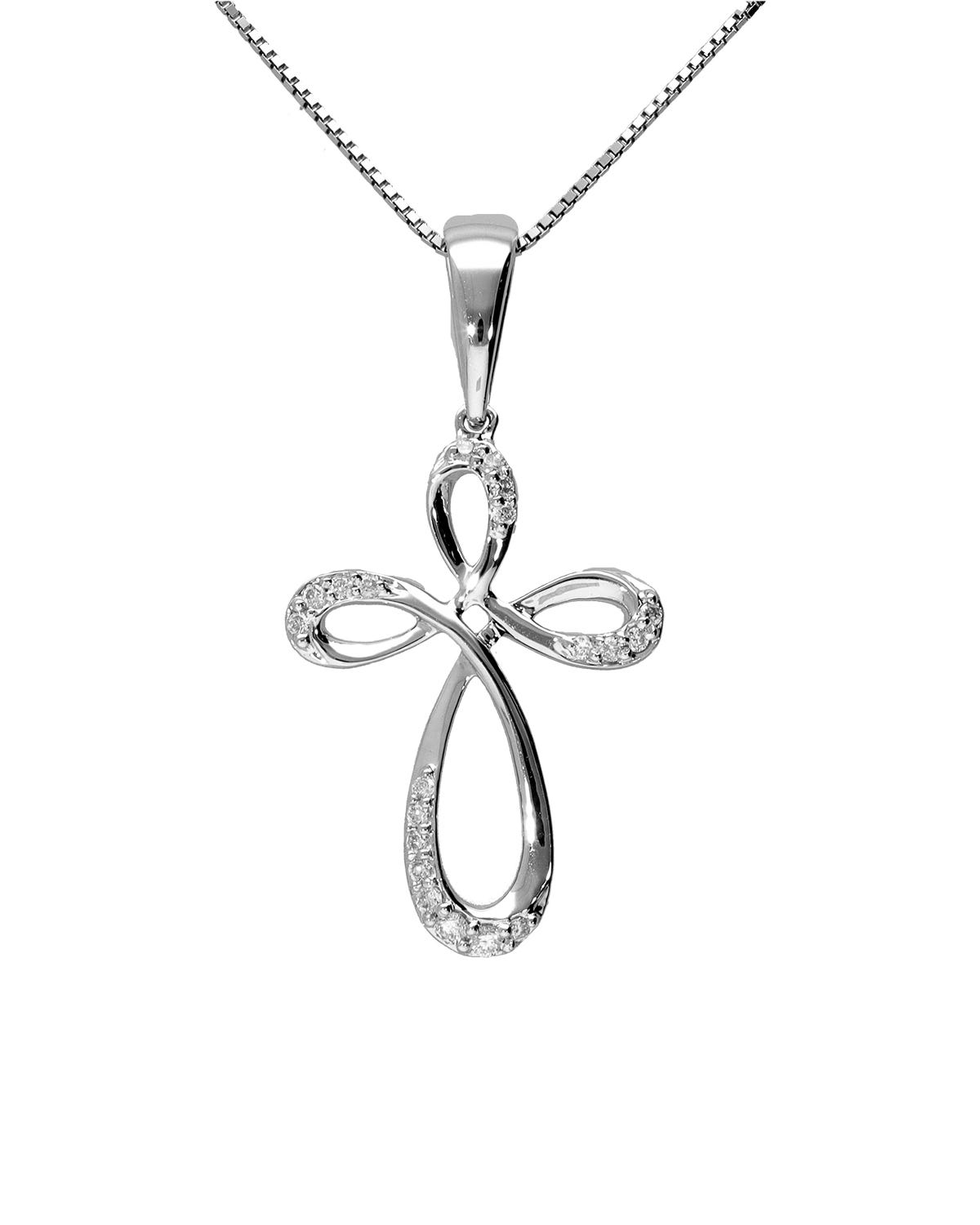 Dije de cruz con cadena hechos de oro blanco 14K y 10 puntos de diamante