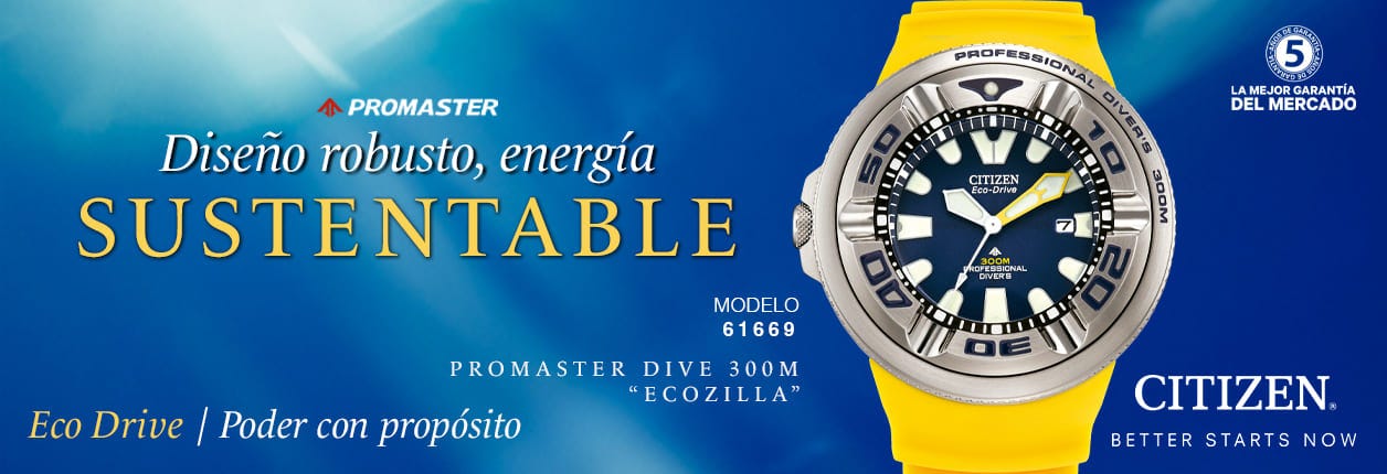 "Imagen de un reloj Citizen Promaster Dive 300M Ecozilla, diseñado para actividades submarinas extremas. El reloj cuenta con una caja de acero inoxidable y una correa de caucho negro, con marcadores y manecillas luminosas para una fácil lectura bajo el ag