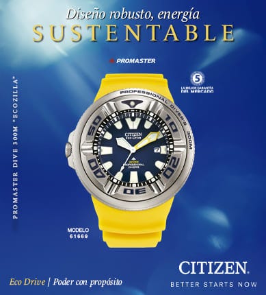 "Imagen de un reloj Citizen Promaster Dive 300M Ecozilla, diseñado para actividades submarinas extremas. El reloj cuenta con una caja de acero inoxidable y una correa de caucho negro, con marcadores y manecillas luminosas para una fácil lectura bajo el ag