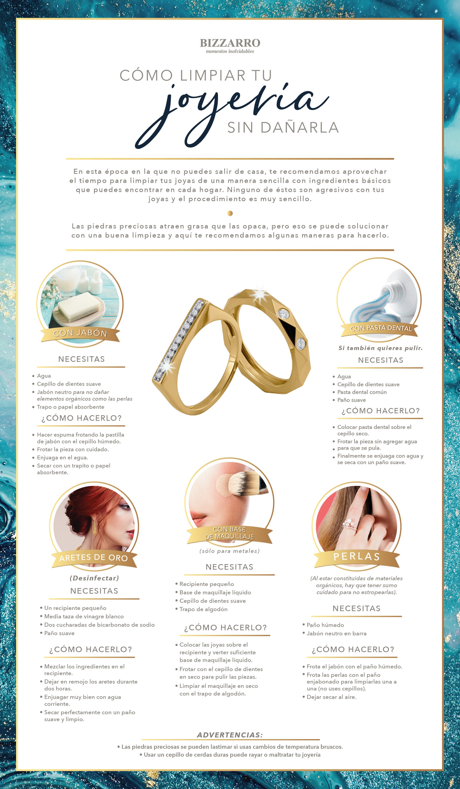 Cómo limpiar tu joyería sin damñarla Las joyería puede limpiarse con productos caseros que no las dañan, como el jabón neutro, la pasta dental o el maquillaje.